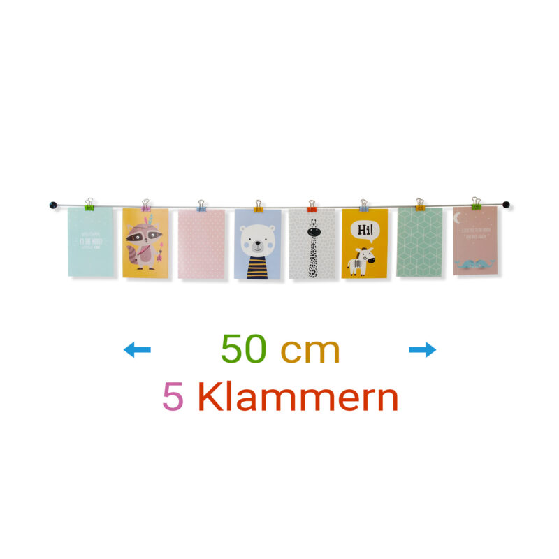 Fotoseil 50 cm mit 5 bunten Metallklammern um Fotos aufzuhängen