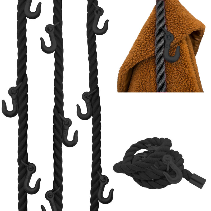 Seilgarderobe aus schwarzen Segeltau mit Metallhaken in schwarz.